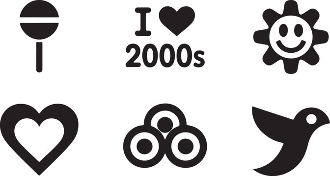 Set of black flat icons with lollipop heart sun and bird symbols for graphic design