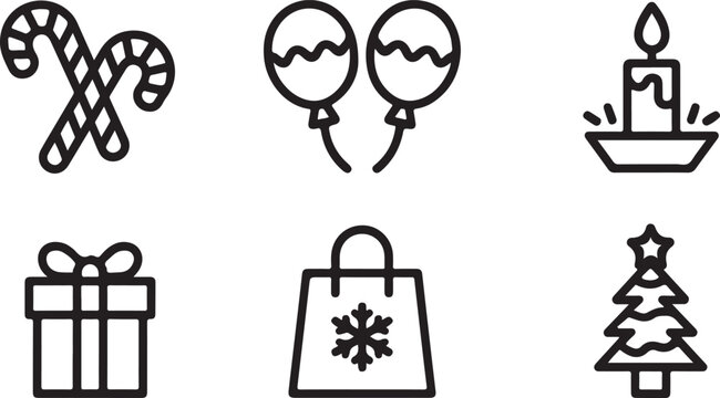Set of christmas icons including candy canes balloons candle gift bag and festive tree