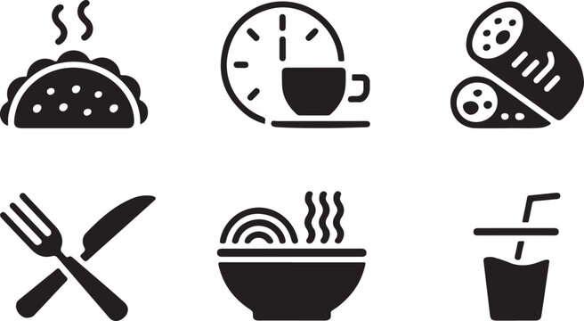 Set of black food and drink icons featuring taco coffee burrito cutlery noodle bowl and soda cup