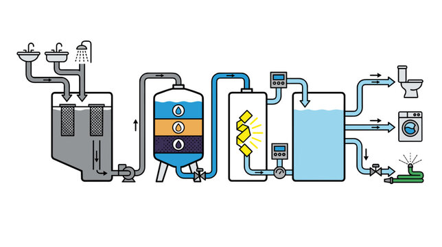 Water recycling system cross section diagram with filtration tanks pipes and flow arrows environmental technology concept