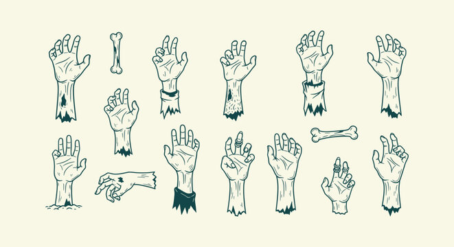 Set of hand drawn spooky zombie hands and bones in vintage style for Halloween horror decorations.