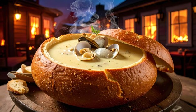 Steaming creamy clam chowder served in a warm rustic hollowed bread bowl on a dark table at night.