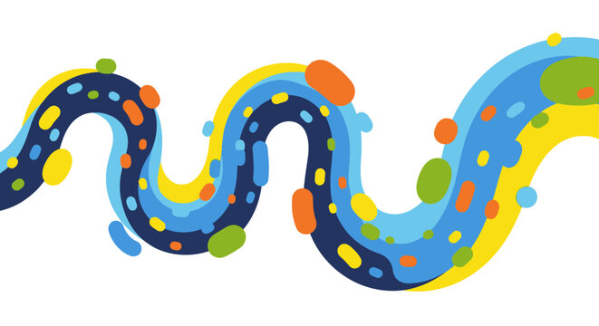 Vibrant abstract wavy line illustration with colorful dots, depicting a path of connection and playful movement, perfect for modern graphic design backgrounds and creative projects