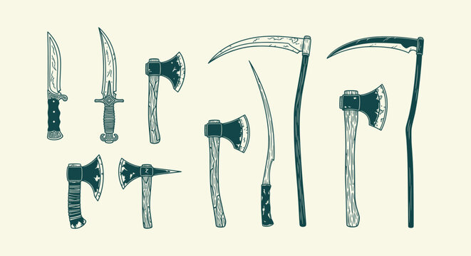 Set of hand drawn vintage medieval weapons axes knives and scythes in engraving woodcut style.