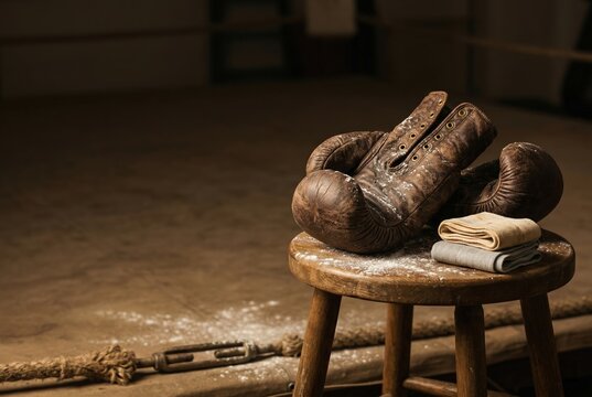Worn boxing gloves resting on wooden ring stool with chalk dust