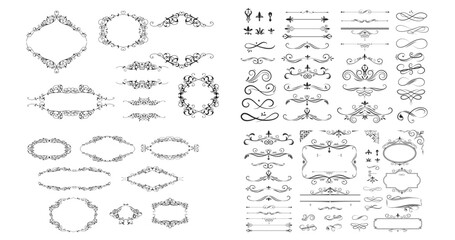 This vintage set of calligraphic design elements features victorian floral swirls and retro flourish borders perfect for a decorative page divider or elegant book card illustration vector © Abdur