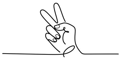 Obraz premium Continuous line art of a human hand showing a victory sign or peace gesture in a simple minimalist black and white drawing style Vector, illustration