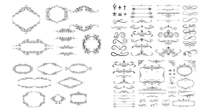 This vintage set of calligraphic design elements features victorian floral swirls and retro flourish borders perfect for a decorative page divider or elegant book card illustration vector