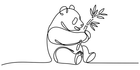 Cute giant panda bear sitting and holding a bamboo stalk drawn in a simple continuous one line art style illustration Vector, illustration © Anima Rani