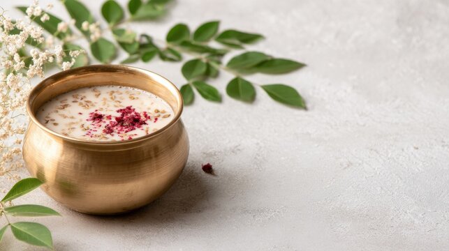 Brass bowl with milk offering and rose petals for diwali puja tradition background for design card poster