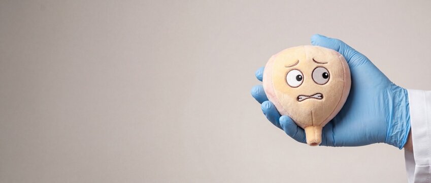 Hand in medical glove holding a scared plush bladder toy, urology and healthcare concept with copy space