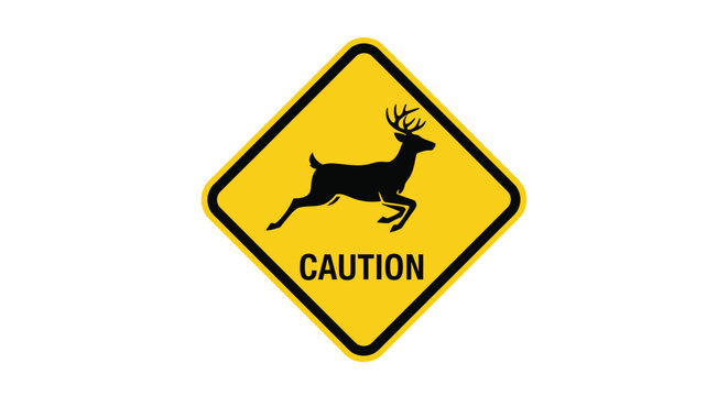 Yellow diamond caution sign with a black deer silhouette and 'caution' text warning drivers