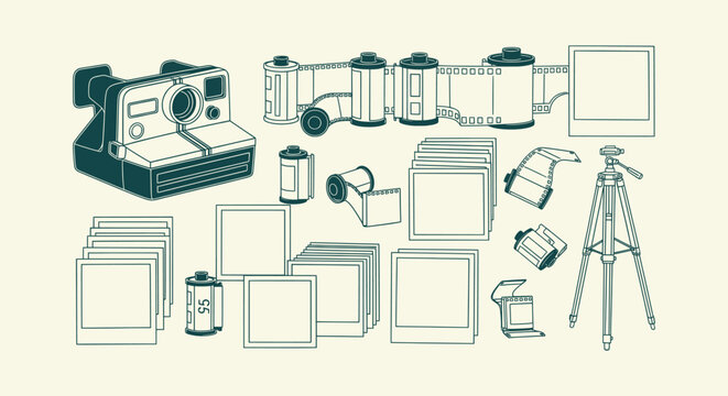 Vintage Photography Equipment Set Featuring Instant Camera Film Rolls Tripod and Photo Frames.