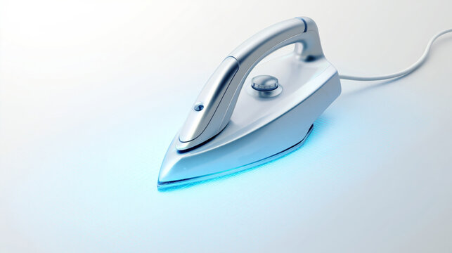 Modern electric iron with blue glow on white surface