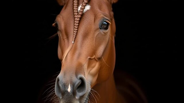 Detailed close-up portrait of a beautiful chestnut horse with a flowing mane and expressive eye on a natural farm background