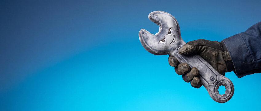 Hand in a black work glove holding a plush wrench toy with a smirking face on a blue background