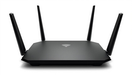 Fototapeta premium Black Wireless Wi‑Fi Router with Four Antennas — Modern Network Device Representing Internet Connectivity and Digital Communication