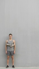 Fototapeta premium Male athlete in sportswear with shoes around neck standing against gray wall