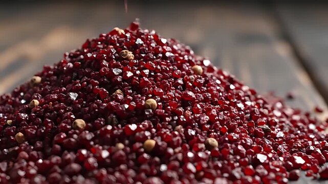 Closeup of a pile of red quinoa seeds on a wooden surface.