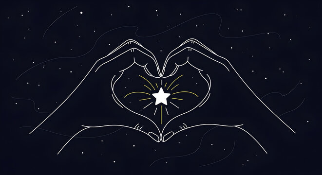 Minimalist hand heart symbol, starburst design, love and hope concept, night sky background, white and gold lines