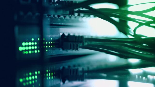 Futuristic High-Speed Data Center Network Connections. Fiber Optic and Ethernet Cables, Server Rack Lights, AI GPU CPU Cloud Computing, Big Data Analytics, Cybersecurity Digital Technology Background