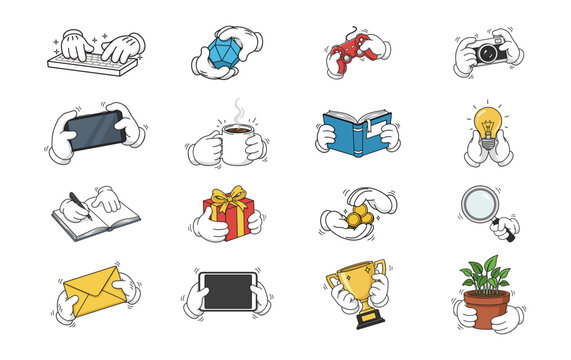 Colorful flat vector illustration set of hands holding various objects such as camera, smartphone, book, coffee, gift, coin, tablet, trophy, and plant.