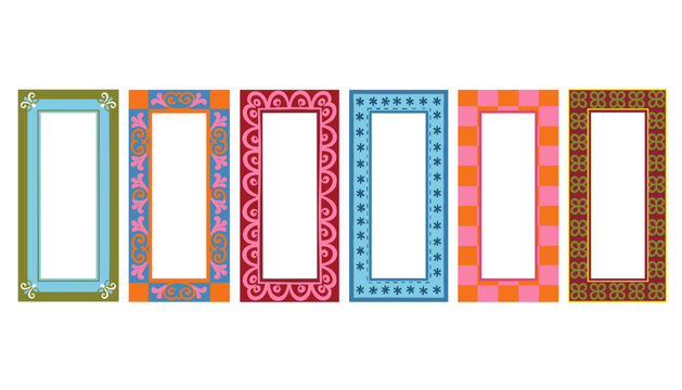 Collection of six vibrant decorative frames with unique patterns and bold colors, vertical rectangular borders.