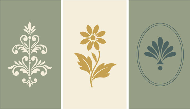 Elegant ornamental damask floral and classical botanical elements in triptych layout with vintage green palette.
