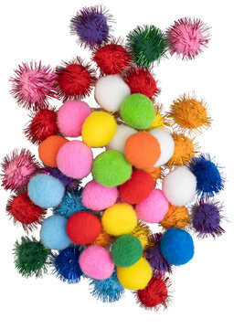 Multi-colored pom poms and sparkly tinsel craft balls, loosely piled together on a plain white background, as seen in image_3.png. The cluster includes soft, fuzzy pom poms in pink, yellow, orange,..