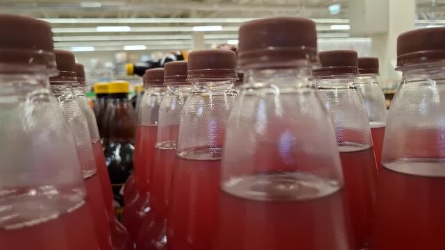 Rows of plastic PET bottles filled with red fruit drink or juice on supermarket shelf. Repetitive pattern of clear transparent bottles with brown caps. Pink soda, arranged in store. Beverage packaging