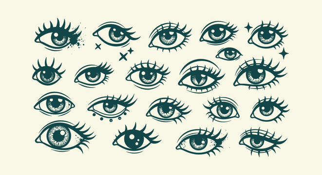 Set of hand drawn mystic eye illustrations with lashes and sparkles, vintage tattoo style vector