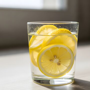 Glass of cold refreshing water with fresh yellow lemon slices for healthy citrus detoxing.