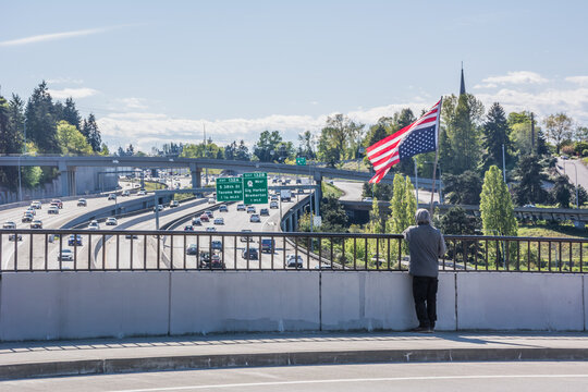Protestor waving upside-down American Flag on I-5 overpass landscape