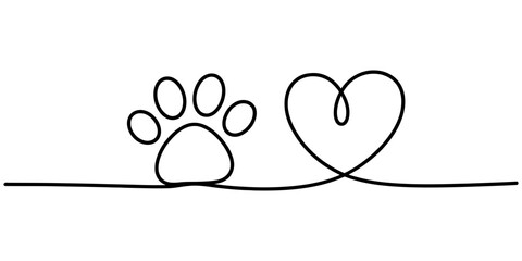 Continuous single line drawing of a dog paw print and a heart shape symbol representing love for pets and animal care concept Vector, illustration © Kailash Roy