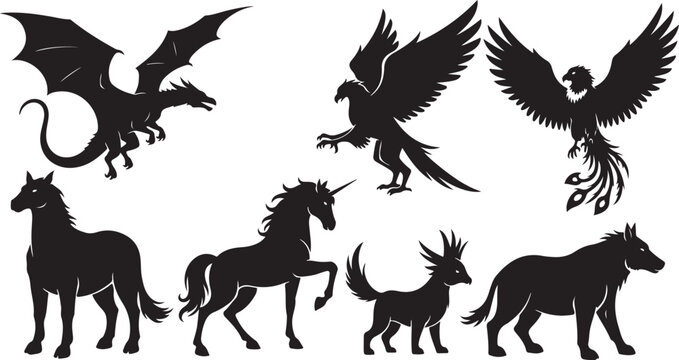Black silhouettes of various african wildlife animals against white background, lion elephant