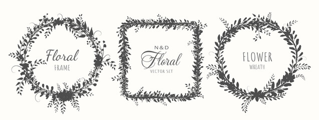 Fototapeta premium Set of elegant silhouettes of flower frames and wreaths on a light beige background. Frames made of summer flowers and twigs. Wreaths for invitations or various designs. Vector EPS 10.