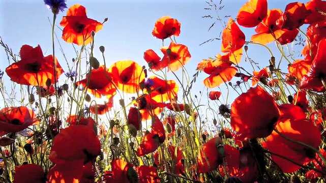 blooming poppies, Papayer rhoeas, with ray of sunshine against the sky 58