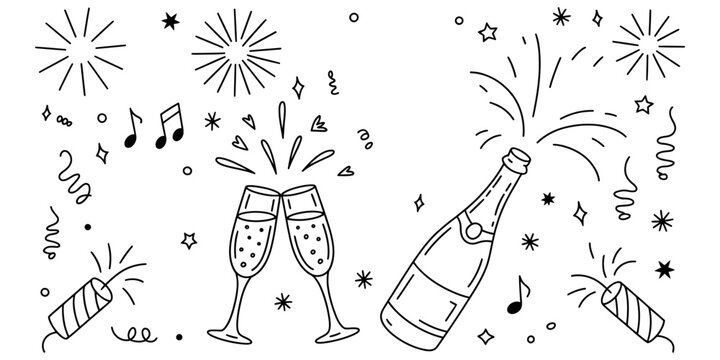 Hand drawn doodle of champagne bottle popping and two glasses toasting with fireworks and confetti for a festive new year celebration Vector, illustration
