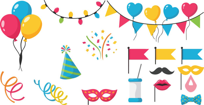 Party Photo Booth Props, Colorful Celebration Accessories, Fun Fiesta Elements, Vector Illustration Set