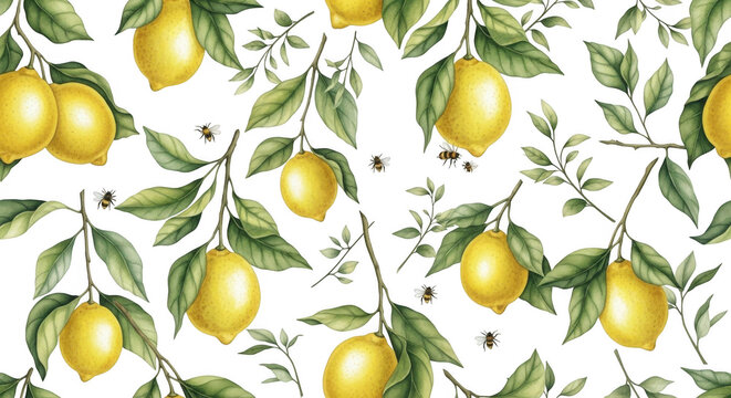 Lemons and leaves pattern isolated on transparent background