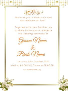 Elegant Wedding Invitation Template with Pink Marble and Gold Border