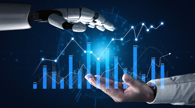 A compelling visual showcasing the collaboration between a robotic hand and a human hand over data charts, representing the future of technology and innovation in business analytics. Scalp