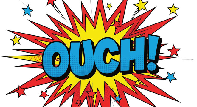 Bright blue ouch text effect sitting inside a yellow and red comic book explosion bubble