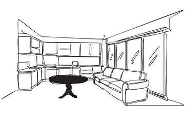Fototapeta premium Doodles Interior kitchen living room with kitchen 3d illustration, sketch