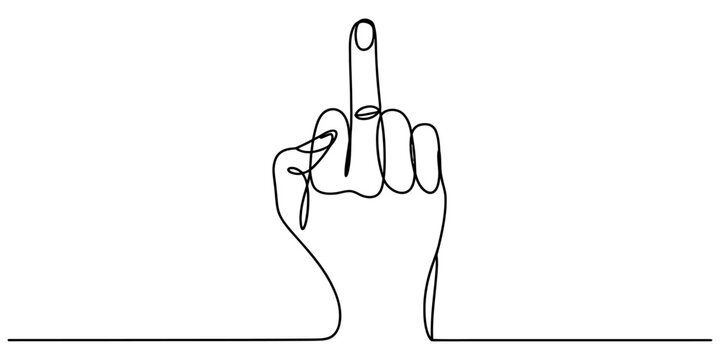 Continuous single line drawing of a hand showing the middle finger gesture as a symbol of defiance and aggressive rude behavior Vector, illustration