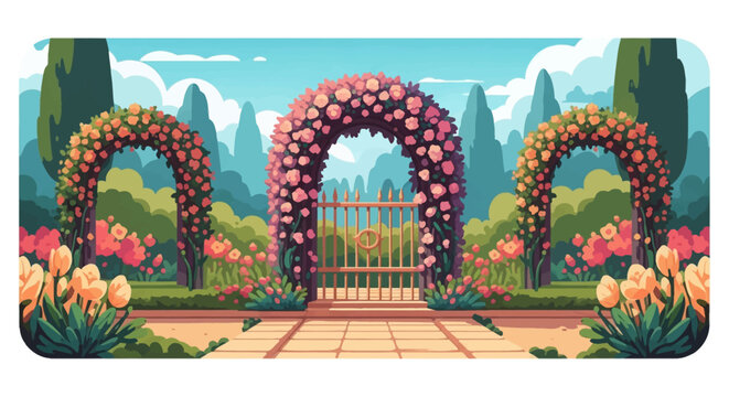 Vector illustration of a secret garden with three floral arches covered in pink and orange roses, a central metal gate, a tiled walkway, and green cypress trees under a bright sky.