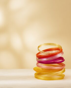 Stacked orange and gold glass bangles on warm beige background for diwali celebration design, card, poster and background use