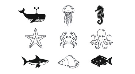 Marine life icons whale jellyfish seahorse © Iyan
