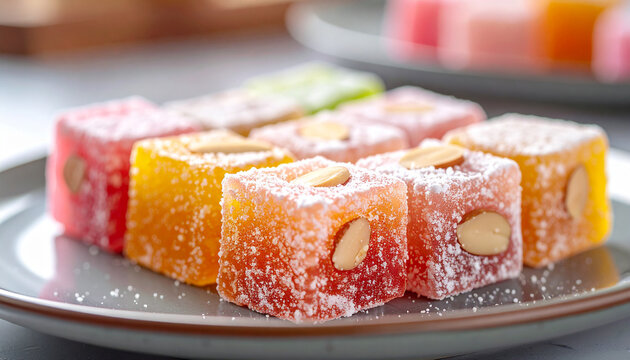 Rahat Lokum cubes on minimalist ceramic plate. Tasty snack. Delicious sweet food. Appetizing dessert. Blurred bright cafe background
