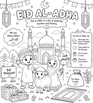 Eid Al-Adha Islamic Educational Coloring Page - Muslim Kids with Qurbani Sheep and Mosque Poster